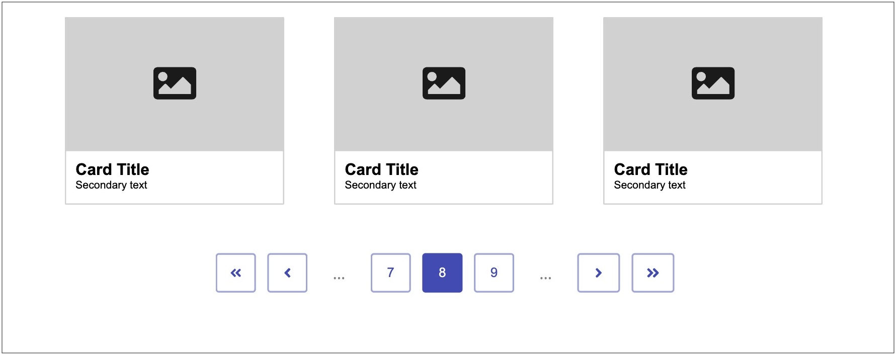 A pagination with a button with two chevrons pointing left, a button with one chevrons pointing left, followed by an ellipsis, 3 numbered buttons (7,8, and 9), another ellipsis, and finally a button with two chevrons pointing right, a button with one chevrons pointing right. Illustration.