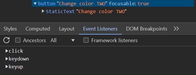 accessibility tree within Chrome's developer tools, highlighting a button built with a div tag. Click, keydown and keyup are listed under event listeners