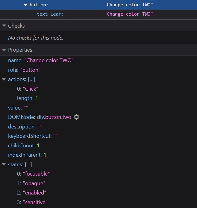 accessibility tree within Firefox's developer tools, highlighting the properties of button built with a div tag