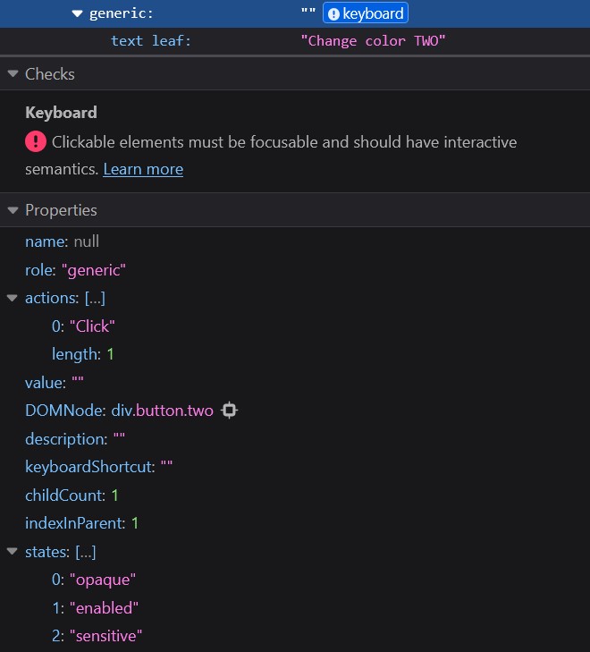 accessibility tree within Firefox's developer tools, highlighting the properties of a div element used as a button