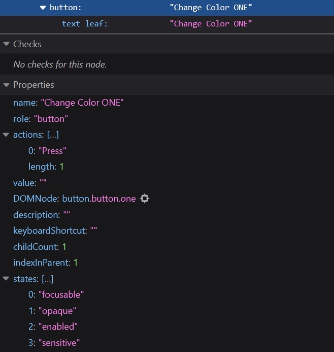 accessibility tree within Firefox's developer tools, highlighting the properties of a button element built with a button tag