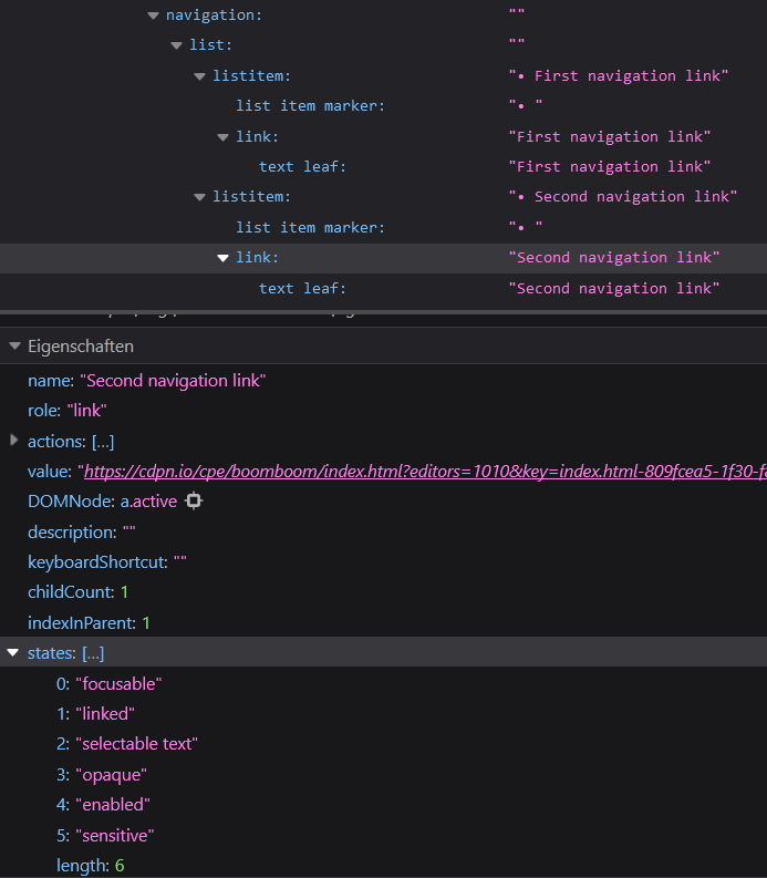 The second linked selected in Firefox Dev Tools showing its accessible properties