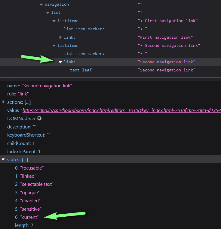 Firefox Dev Tools: Besides focusable, linked and more, the link now has an additional 'current' state in the accessibility tree