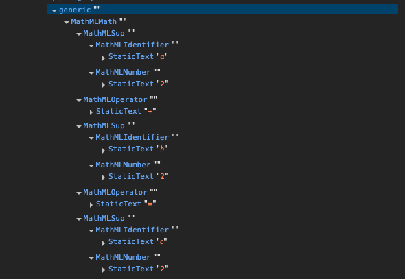 Accessibility tree view of a MathML formula showing nested semantic elements. The tree includes nodes such as MathMLMath, MathMLSup, MathMLIdentifier, MathMLNumber, and MathMLOperator, representing the structure of the equation a² + b² = c².