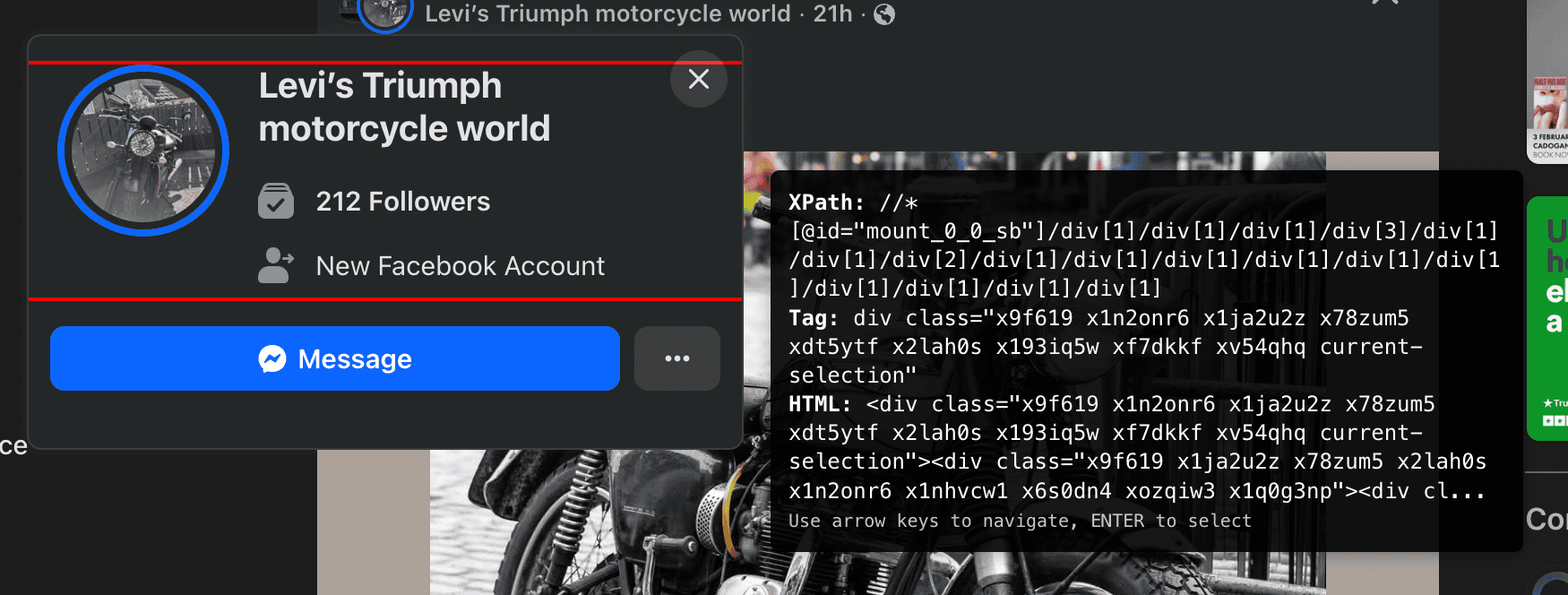 With the 1-Click De-Crapulator running, you hover over the part of the page that you want to inspect, and it shows a border around the current node, as well as an information panel that provides info about the current HTML tag
