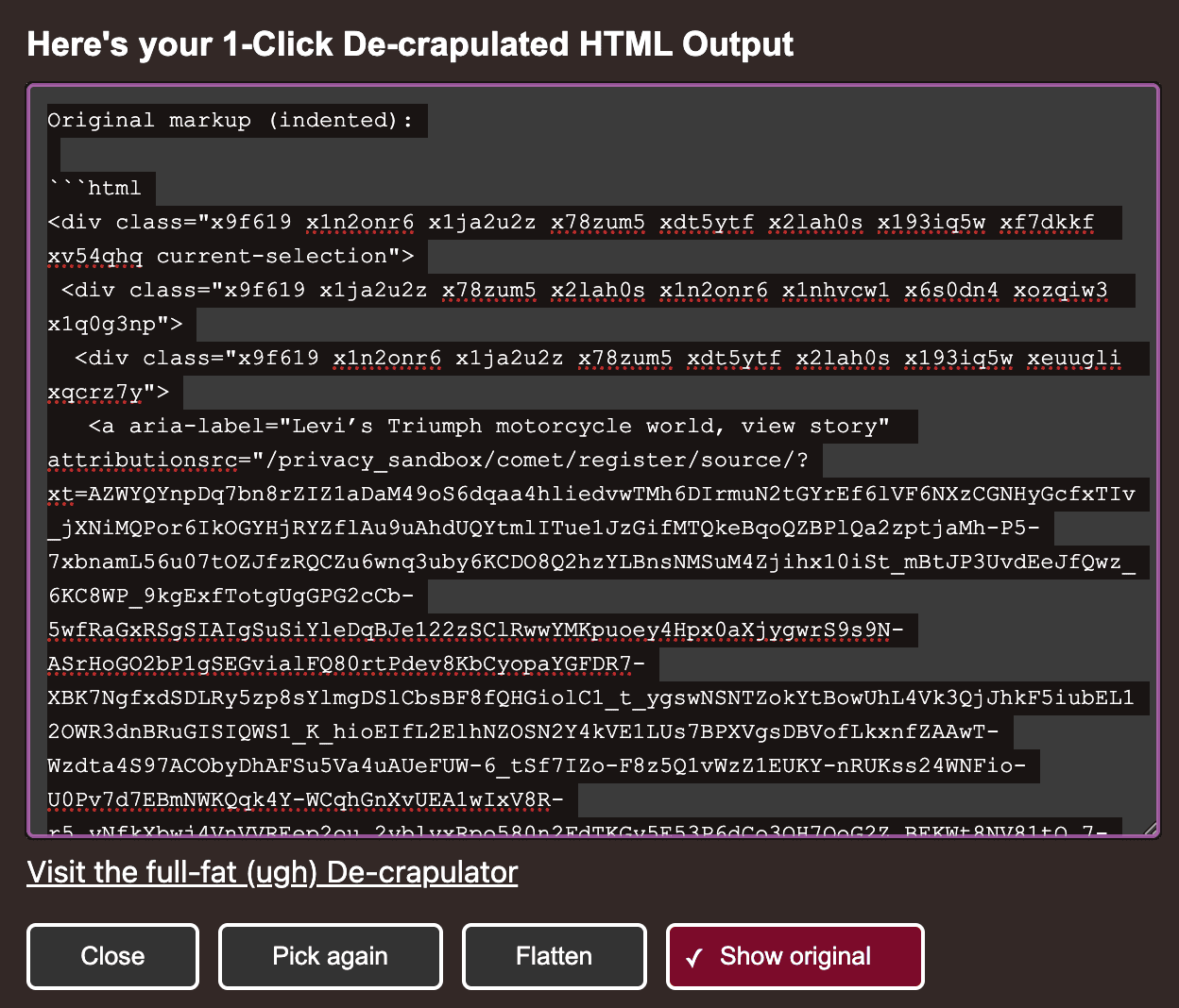The same dialog but showing the original markup, indented. The 'Show original' button is indicated as pressed with a change of colour and a tick