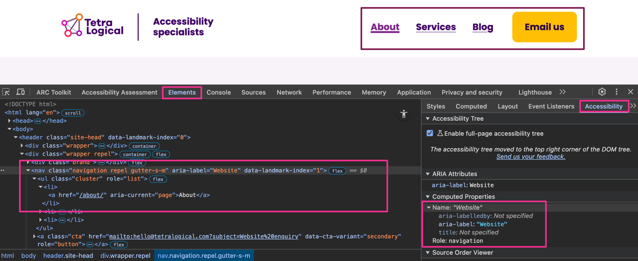 The Elements panel is showing, as well as the Accessibility panel. The header navigation, implemented as a  element shows clean, simple markup and also reveals its navigation role and its accessible name in the Accessibility panel