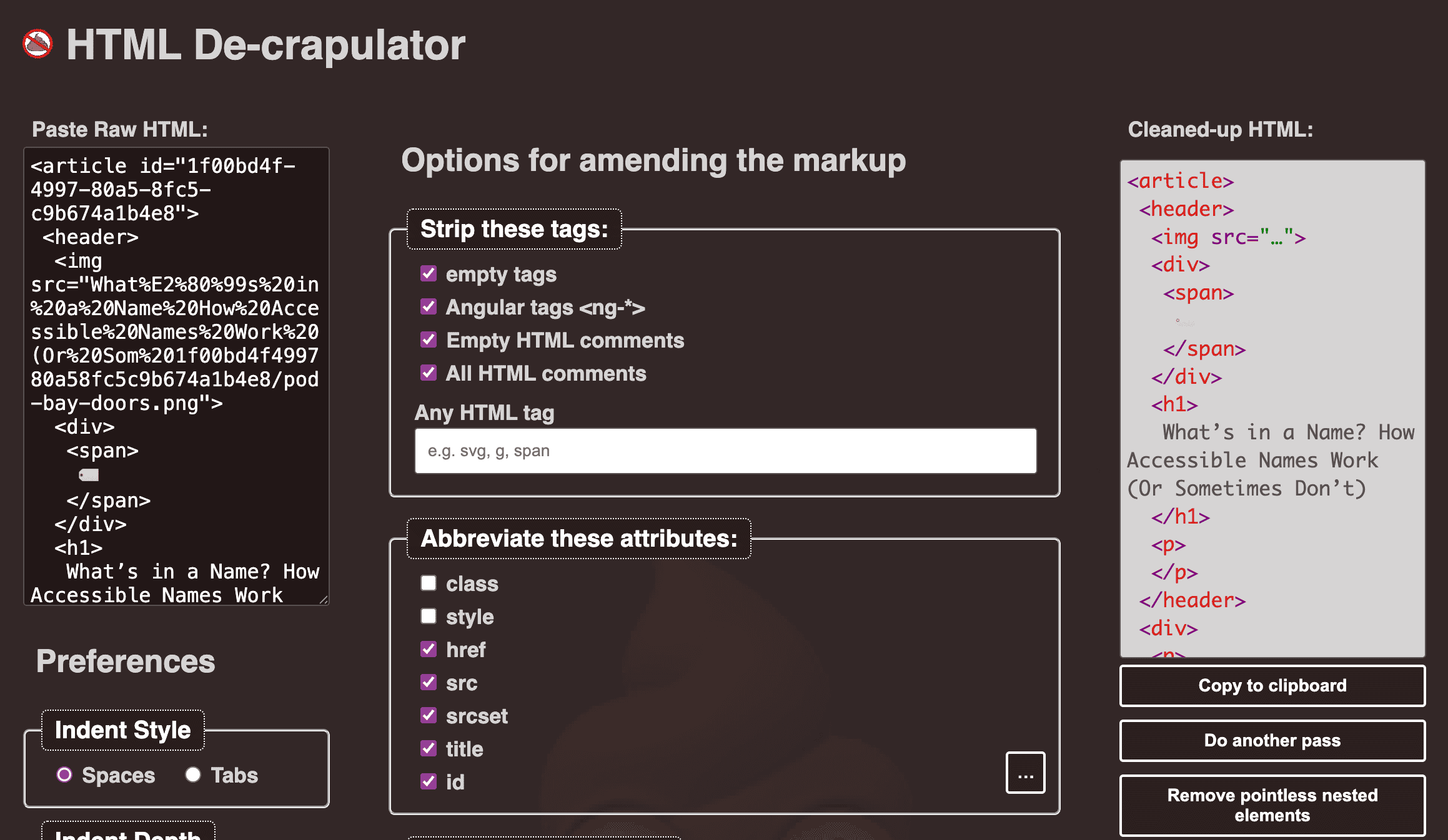 The HTML De-Crapulator interface, showing the input, some filtering options and the generated output