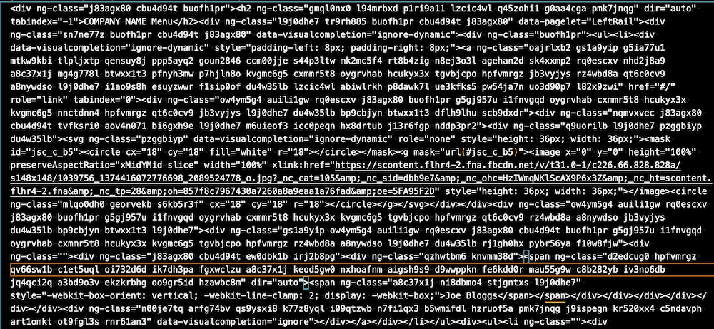Example of some markup that is almost impossible to decipher because it is completely overloaded with CSS classes and other attributes
