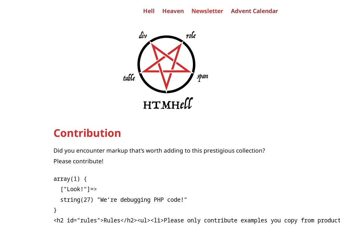 A screenshot of the HTMHell website where the lower part shows a PHP variable output followed by the site’s markup instead of the rendered HTML