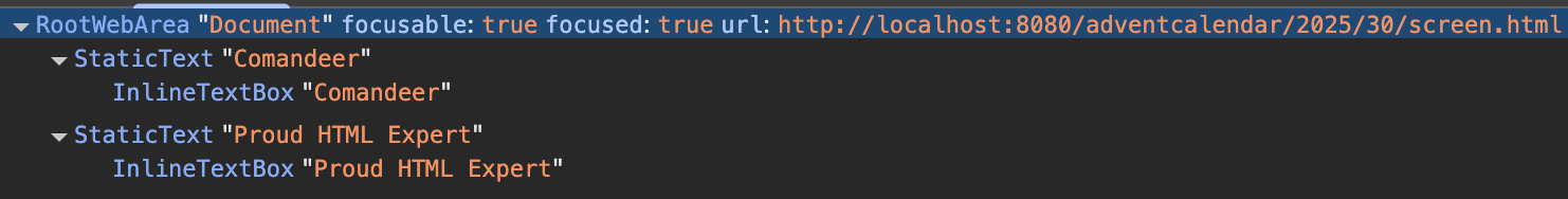 Both "Comandeer" and "Proud HTML Expert" are marked up as static text.