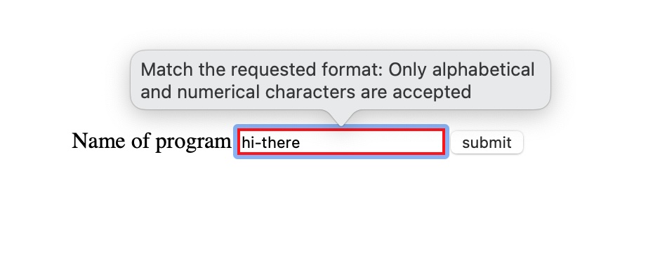 A screenshot of Safari. The error message says 'Match the requested format: Only alphabetical and numerical characters are accepted'