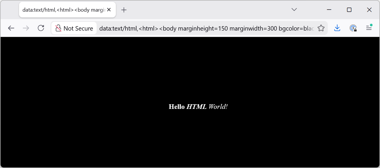 A browser window showing the live webpage, which has a black background, and the phrase Hello HTML World! in white.