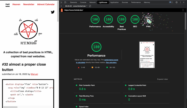 screenshot of Lighthouse within Google Chrome dev tools. It’s testing the HTMHell homepage and has achieved 100 scores across Performance, Accessibility, Best Practices and SEO, and PWA has confetti on it. Under Performance it gives statistics for FCP, LCP, Total Blocking Time, CLS and Speed Index